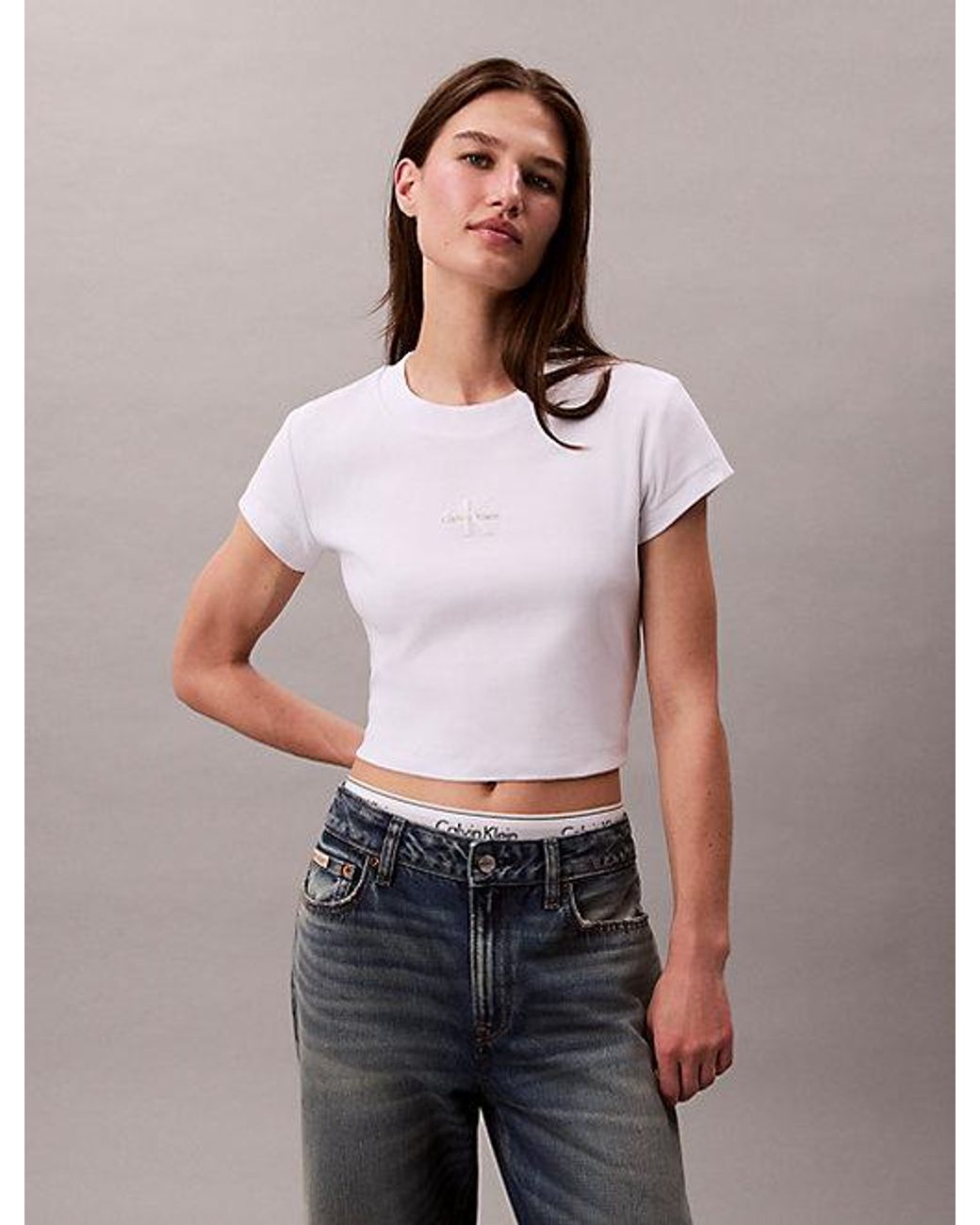 Calvin Klein White Jeans Slim Ribbed Cotton Logo T-Shirt