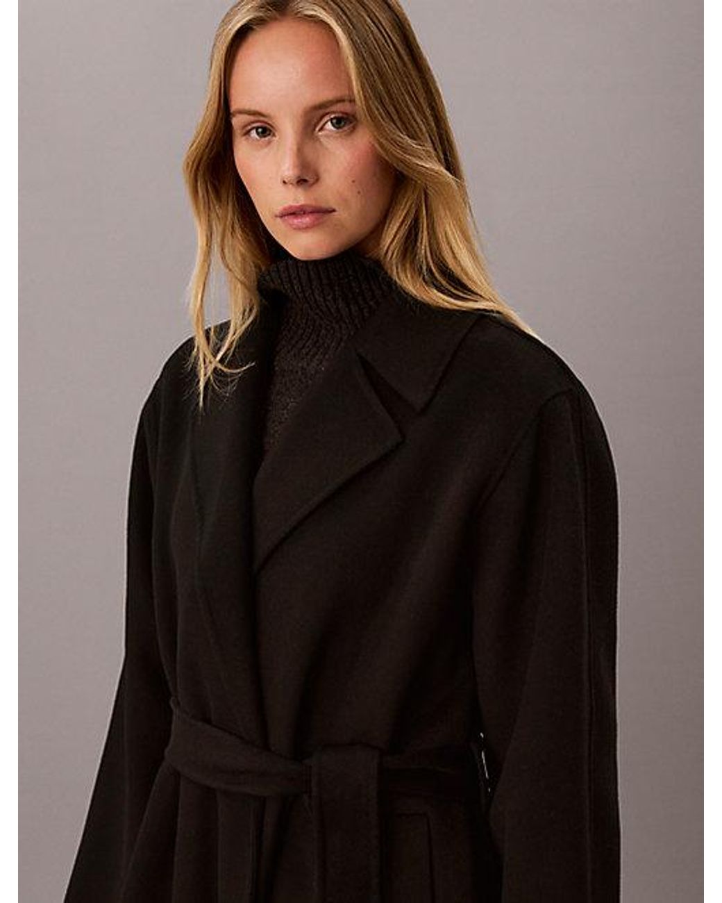 Calvin Klein Black Double Faced Wool Blend Wrap Coat