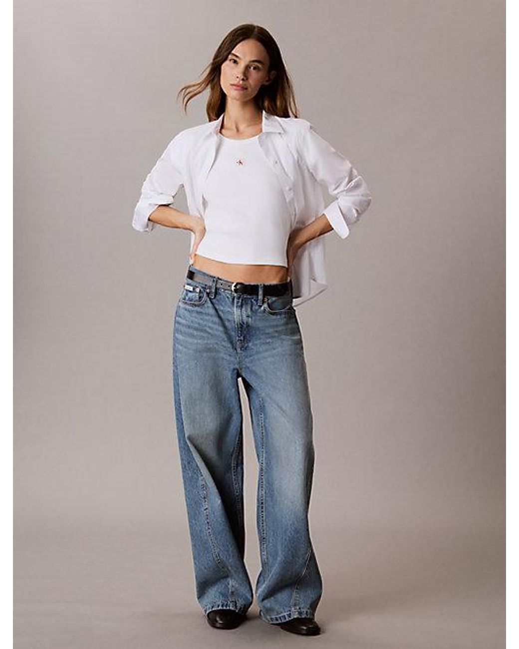 Calvin Klein White Jeans Woven Monologo Rib Baby Tee