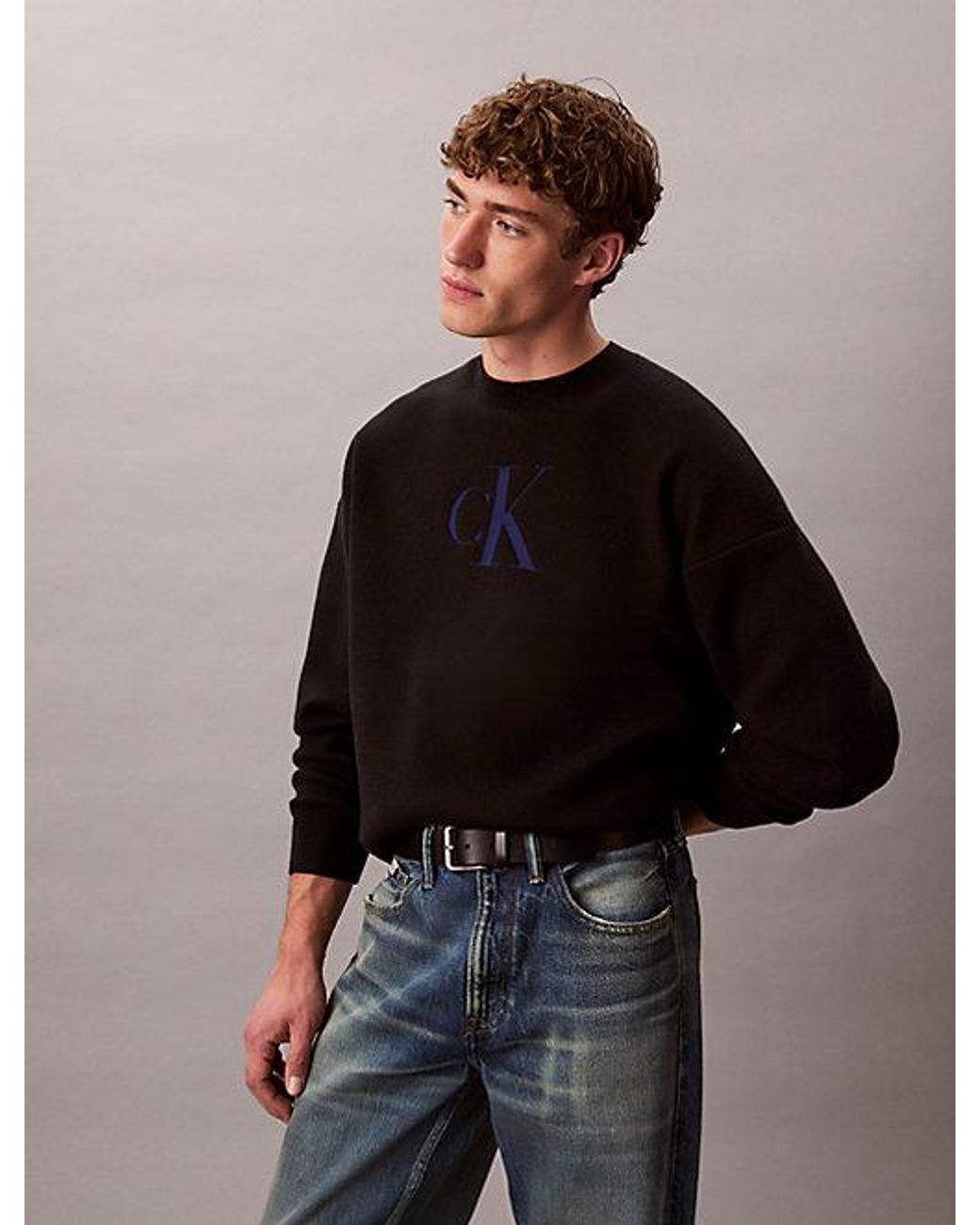 Calvin Klein Black Jeans Cotton Blend Monogram Logo Relaxed Jumper for men