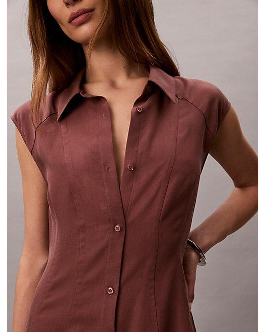 Calvin Klein Brown Soft Lyocell Linen Shirt Dress