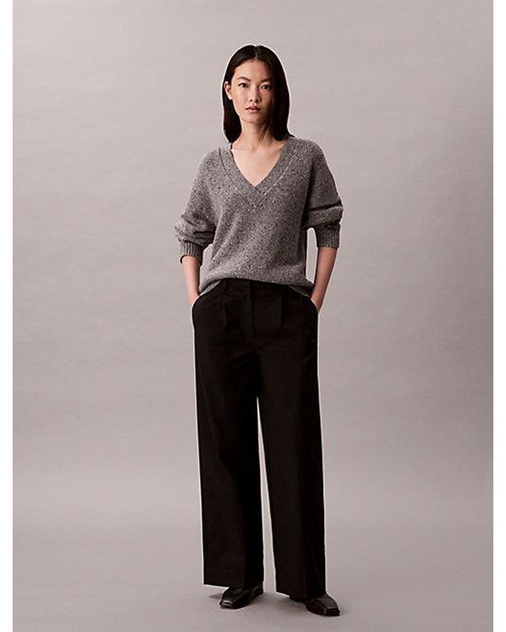 Calvin Klein Gray Jeans Chunky Relaxed V Neck Jumper