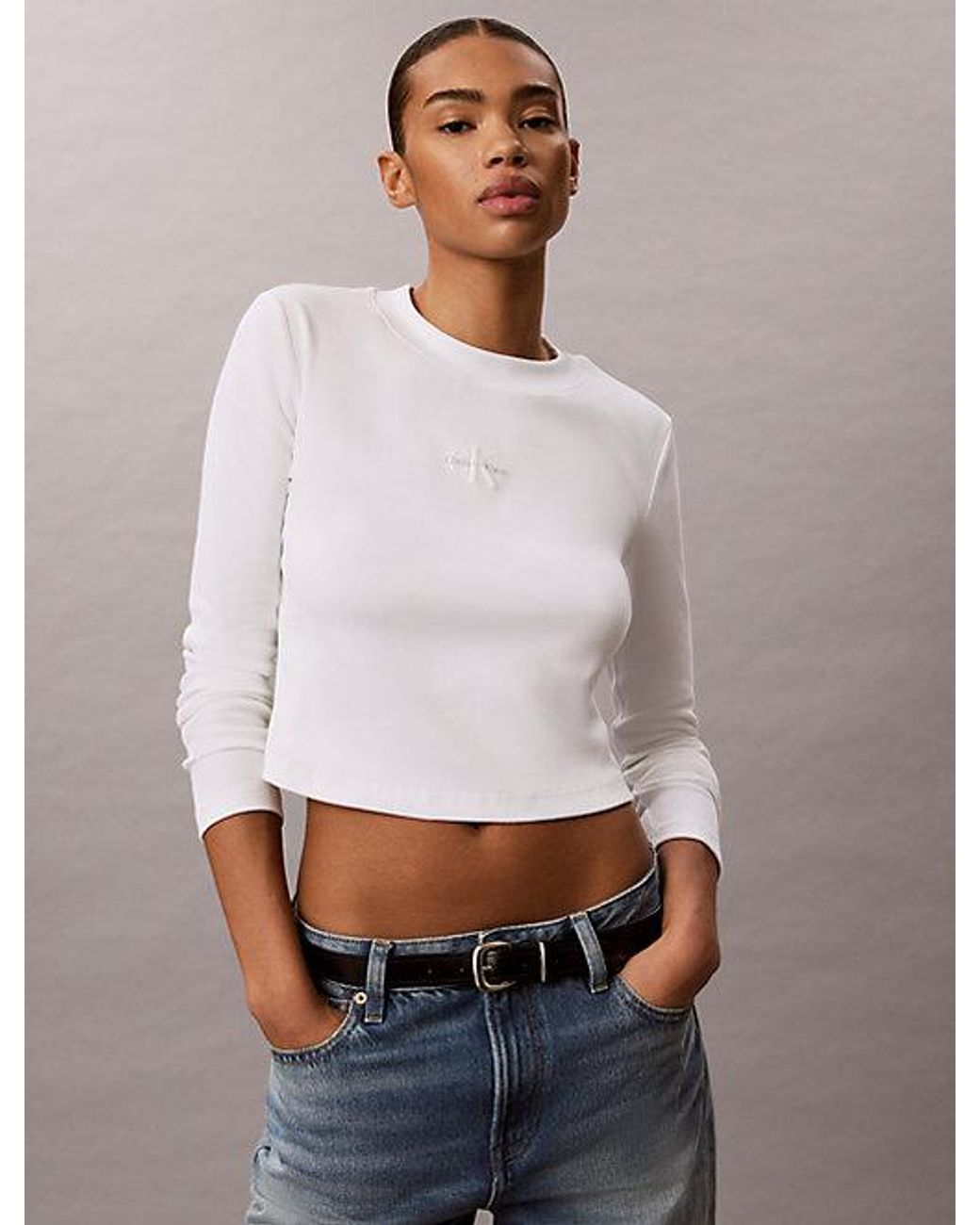 Calvin Klein White Jeans Monologo Long Sleeve Rib Baby Tee