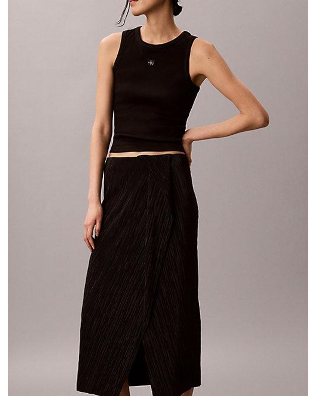 Calvin Klein Black Draped Plissé Midi Skirt