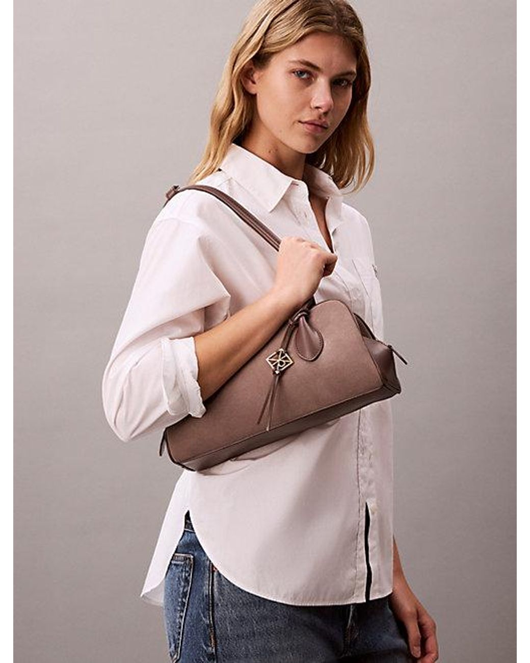 Calvin Klein Brown Suede Emblem Logo Shoulder Bag