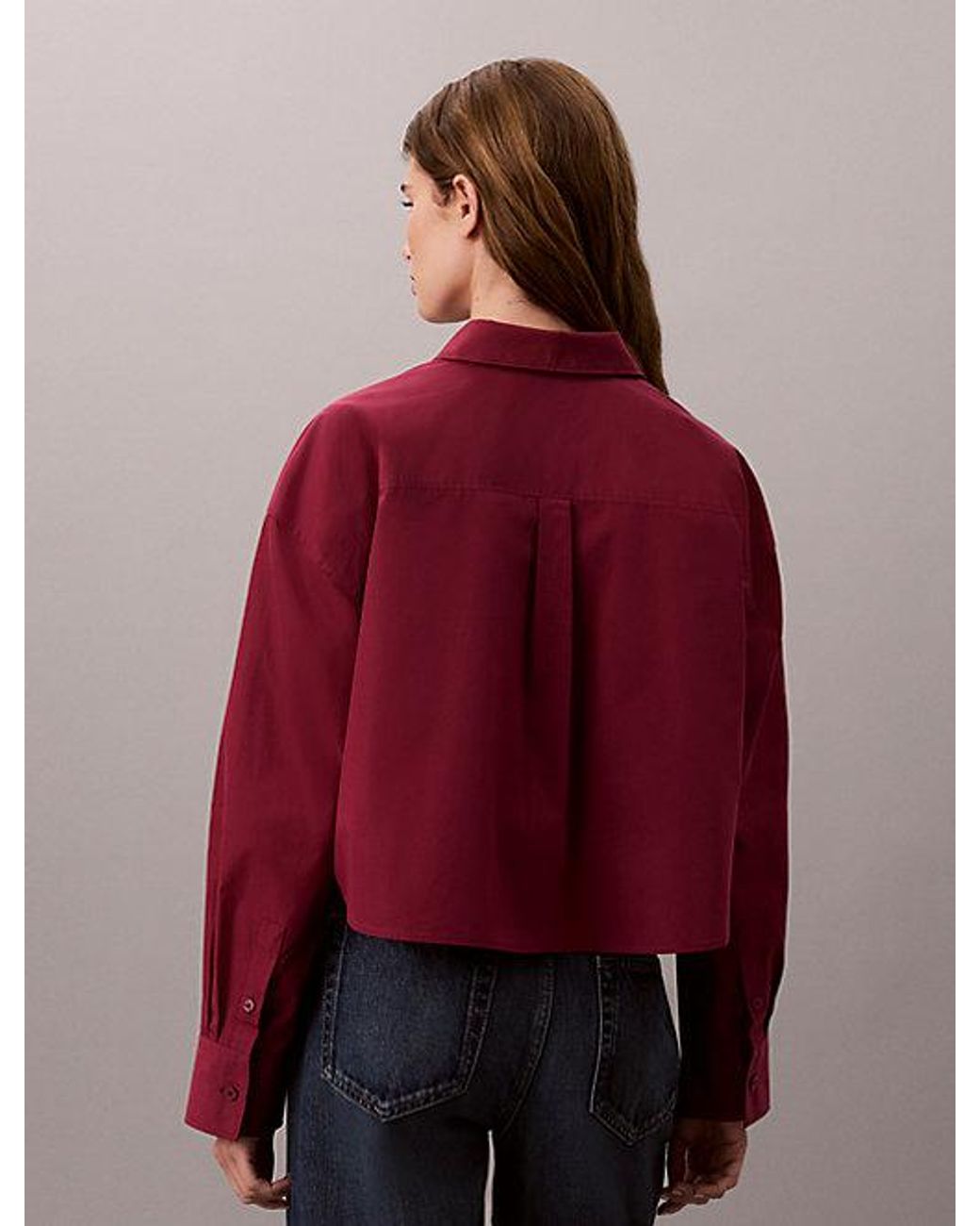 Calvin Klein Red Jeans Woven Monologo Cropped Poplin Button Down Shirt