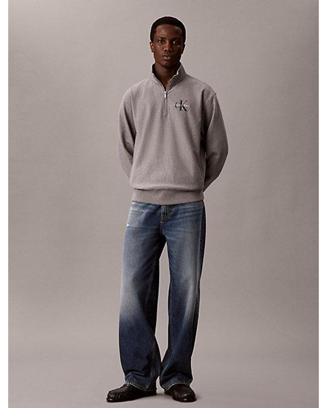 Calvin Klein Gray Premium Terry Quarter Zip Sweatshirt for men