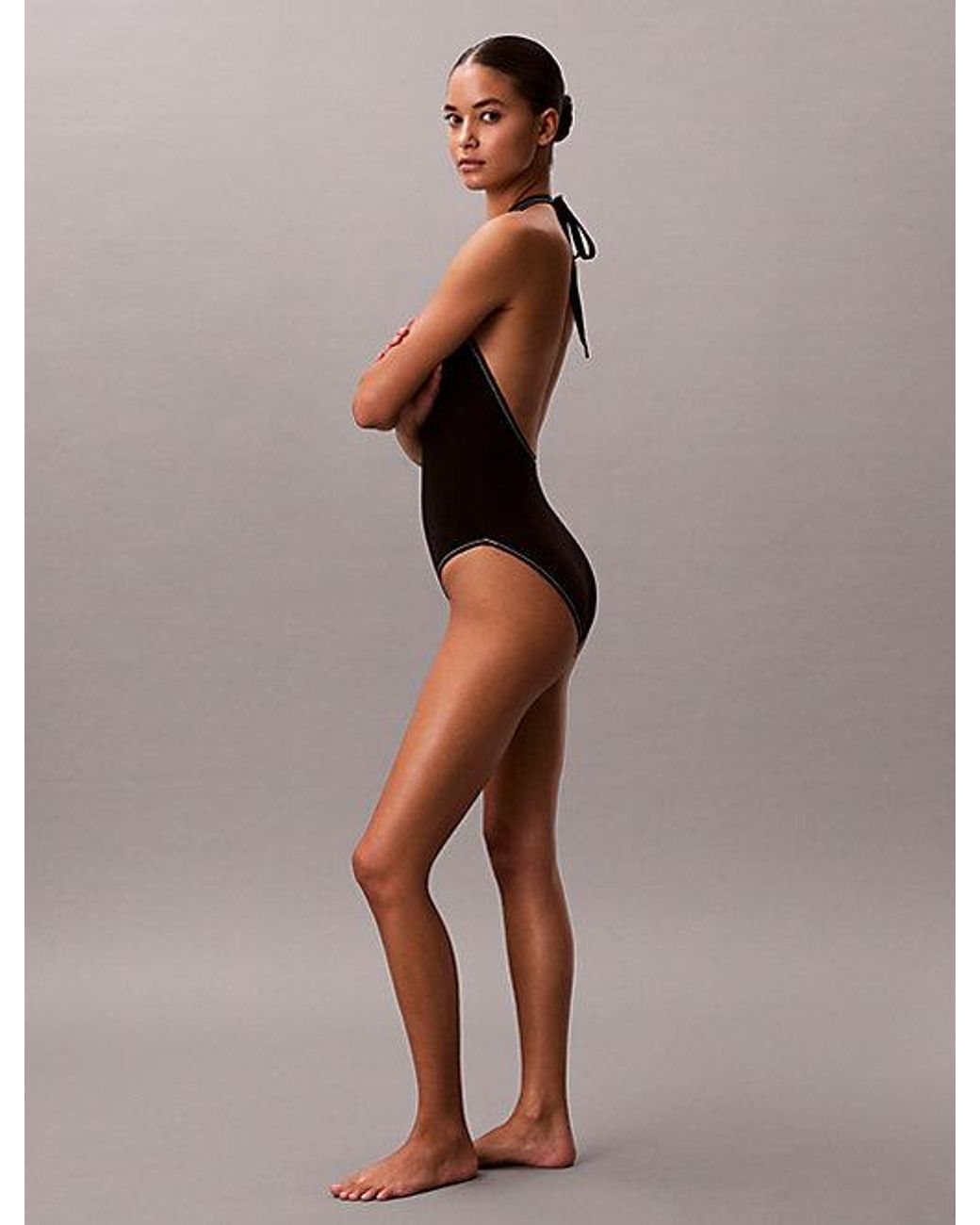 Calvin Klein Brown Plunge Swimsuit Ck Monogram