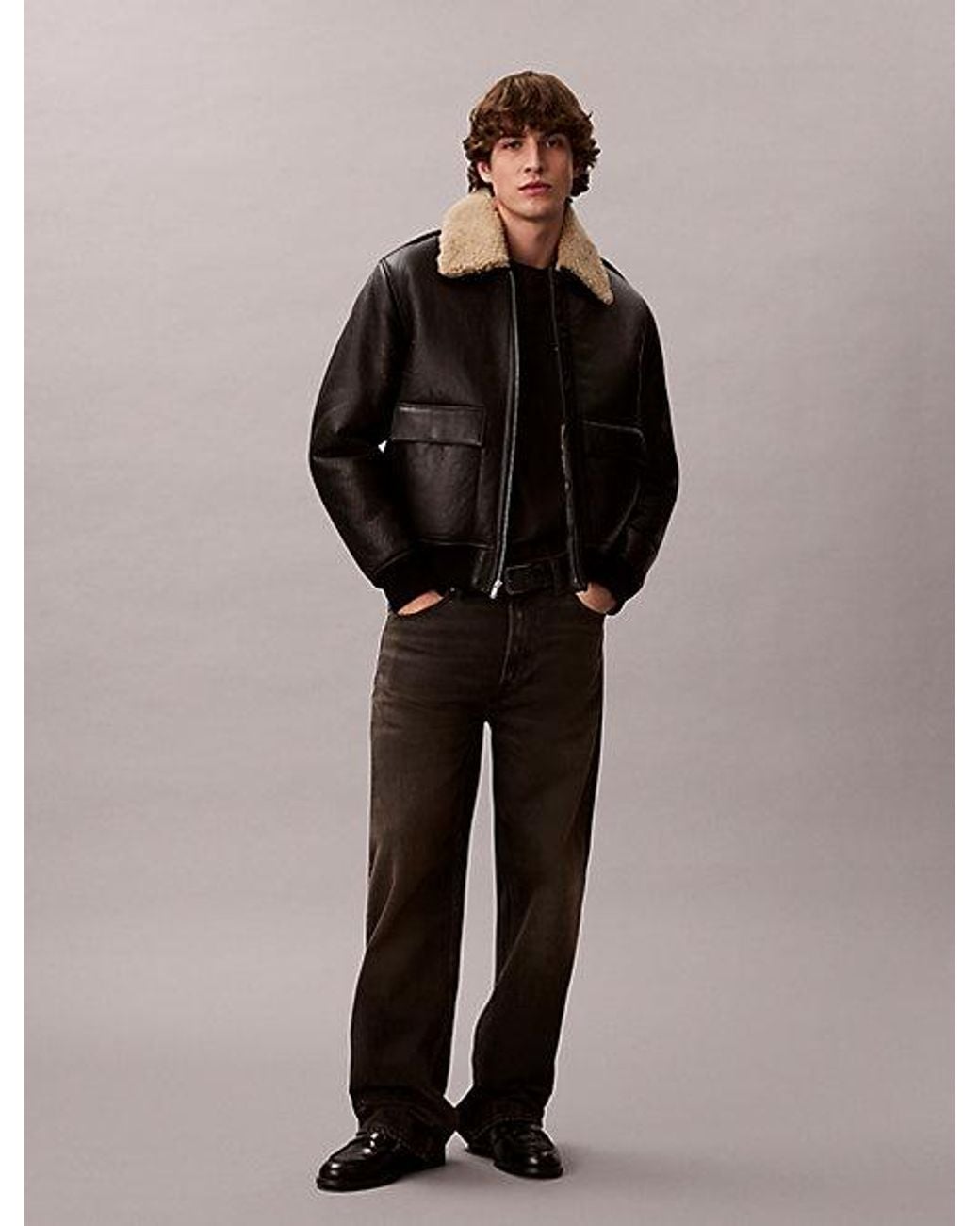 Calvin Klein Black Shearling Leather Flight Jacket for men