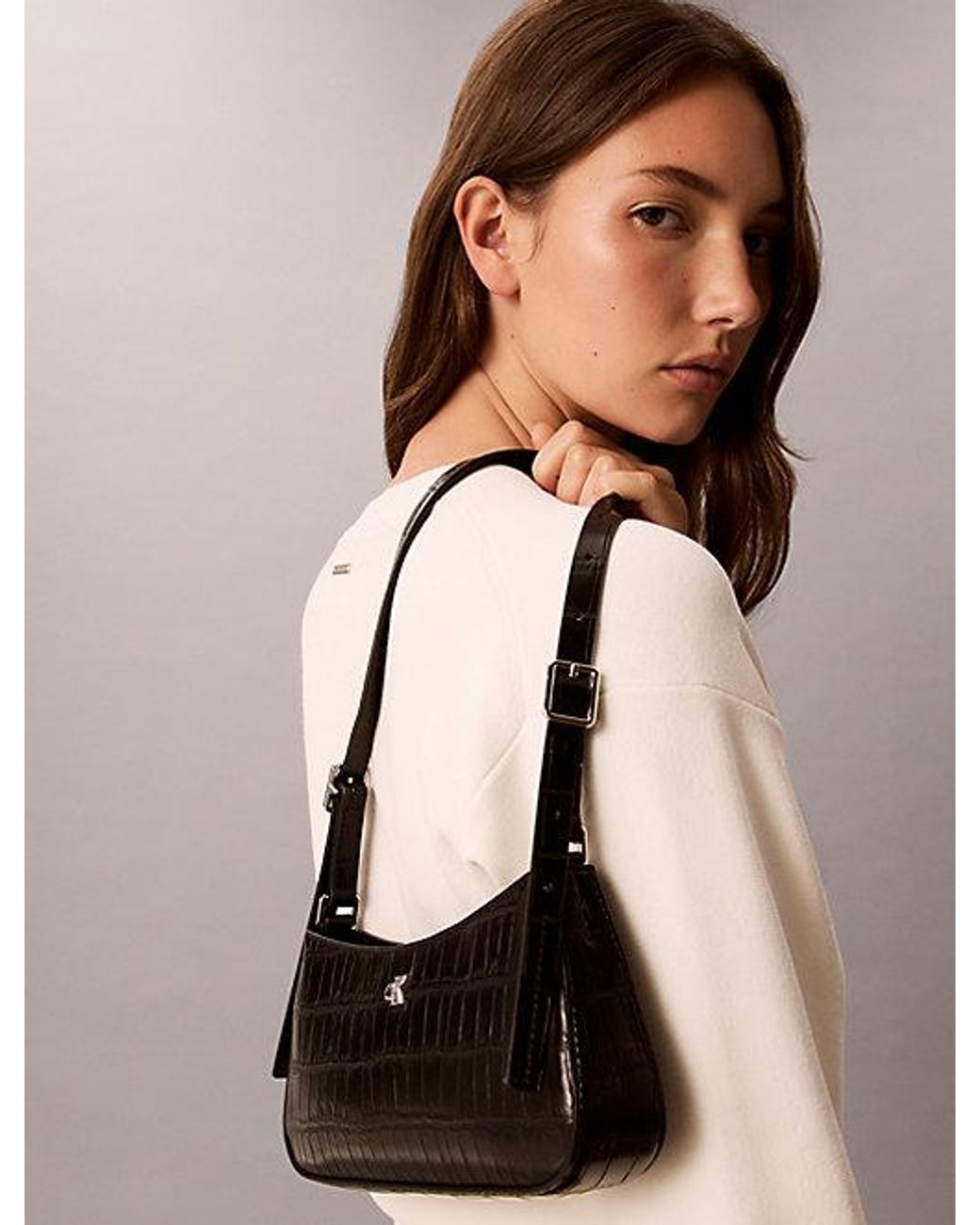 Calvin Klein Black Monogram Crocodile Shoulder Bag