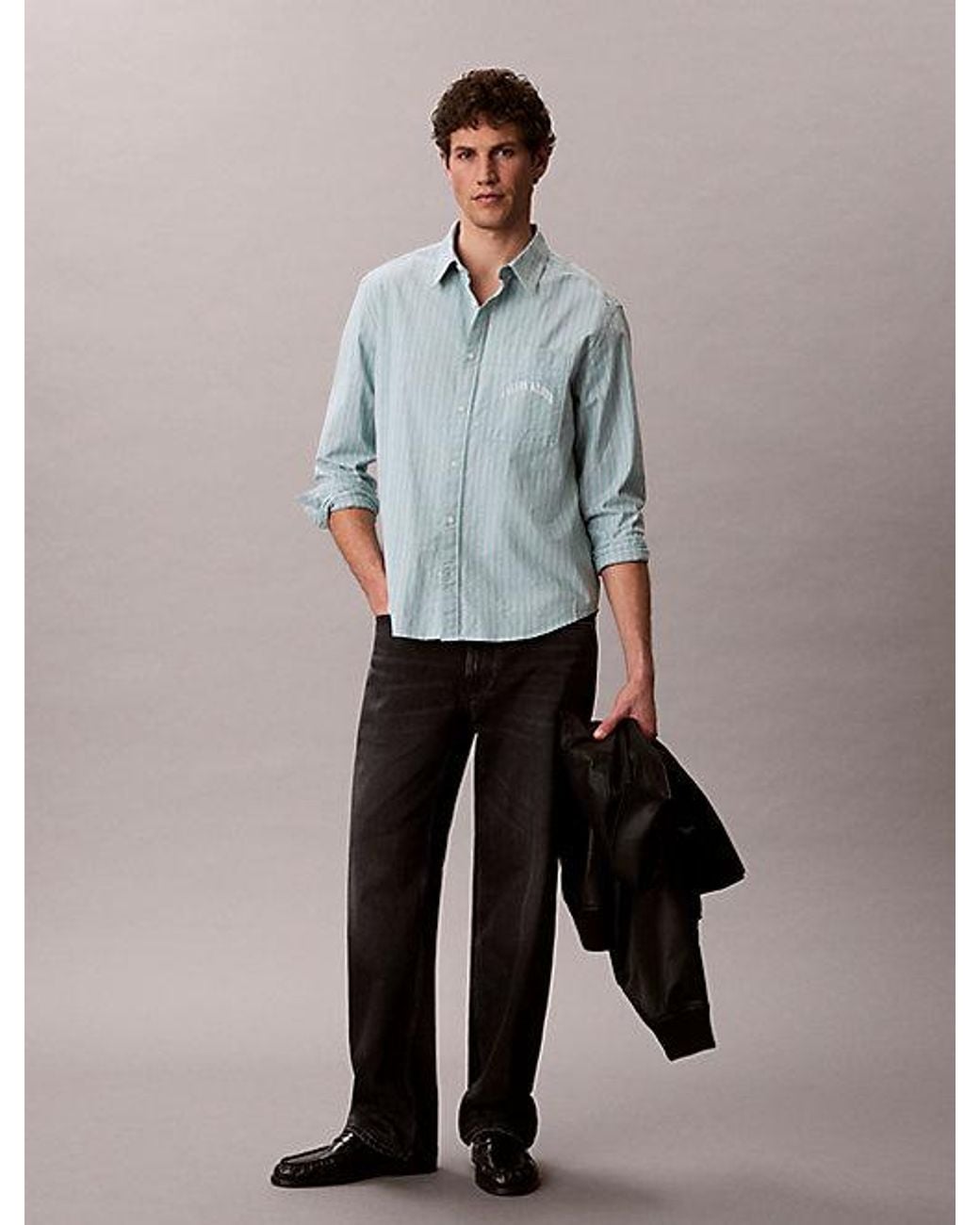 Calvin Klein Gray Jeans Stripe Relaxed Button Down Shirt for men