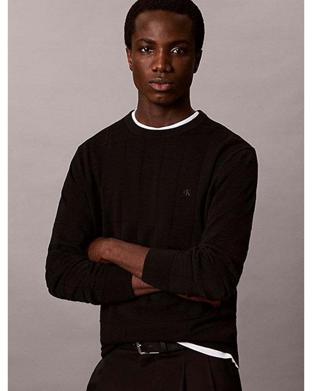 Calvin Klein Black Merino Wool Grid Jumper for men