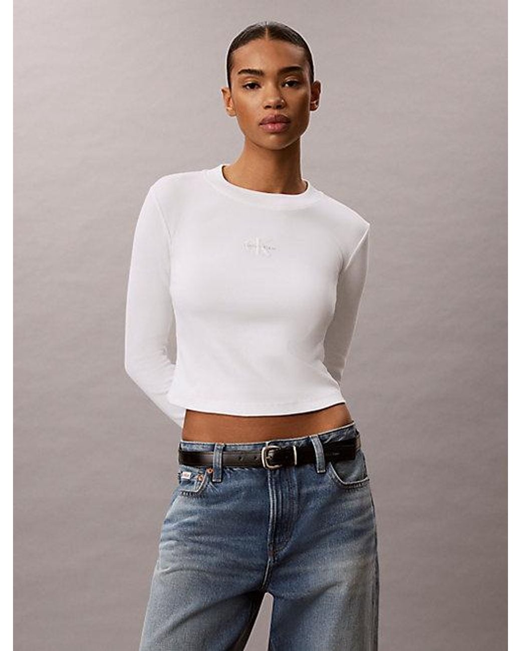Calvin Klein White Jeans Monologo Long Sleeve Rib Baby Tee