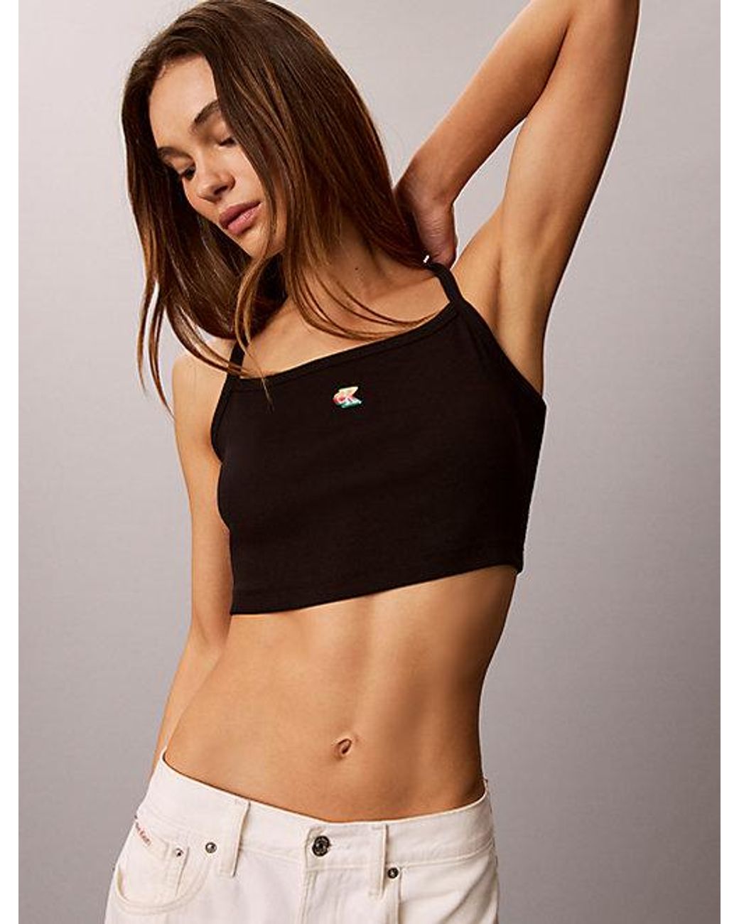 Calvin Klein Cropped Geribbelde Camitop in het Black