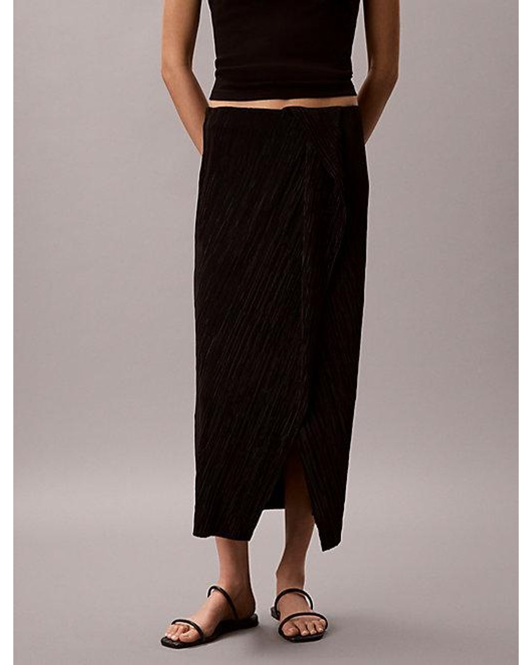 Calvin Klein Black Draped Plissé Midi Skirt