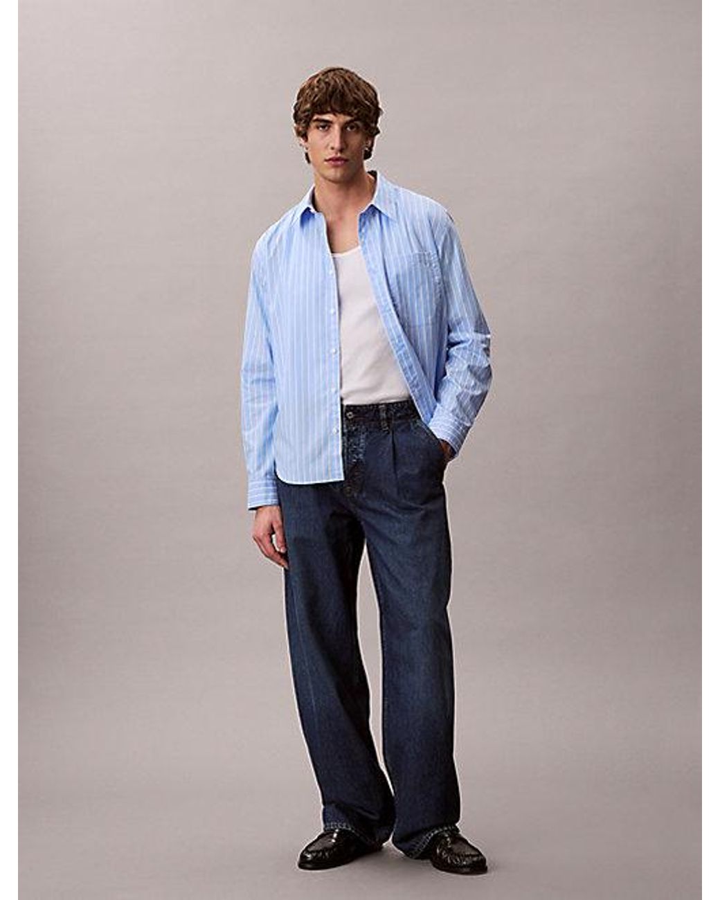 Calvin Klein Blue Cotton Poplin Striped Shirt for men