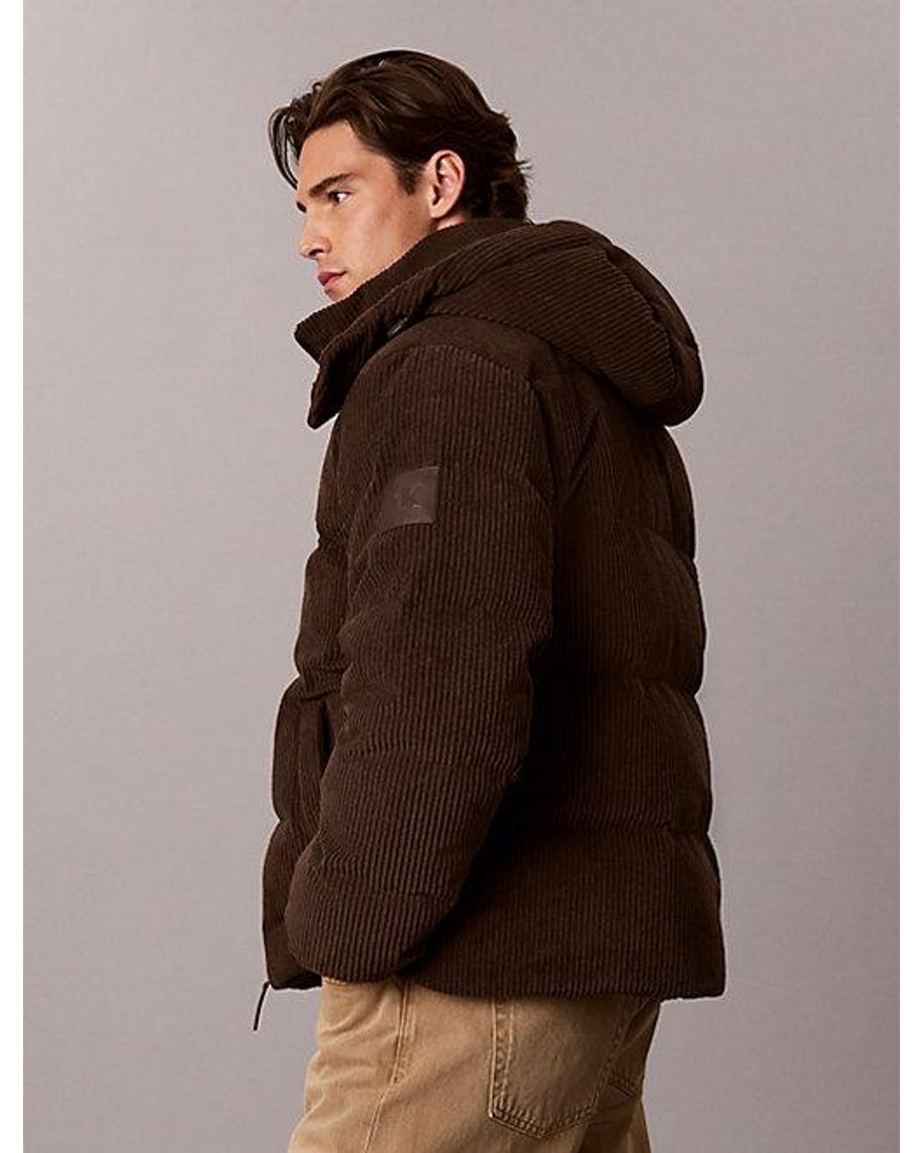 Calvin Klein Brown Jeans Corduroy Hooded Down Puffer Jacket for men