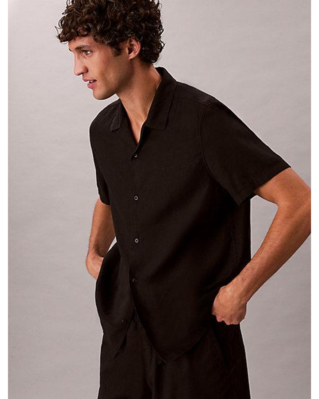 Calvin Klein Black Linen Blend Classic Button Down Shirt for men