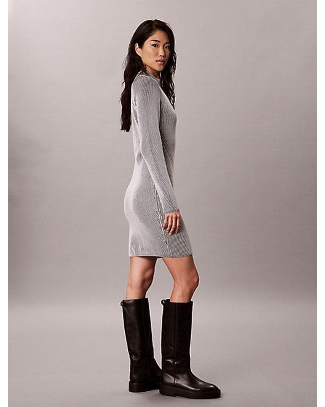 Calvin Klein Gray Jeans Monogram Graphic Rib Mini Dress