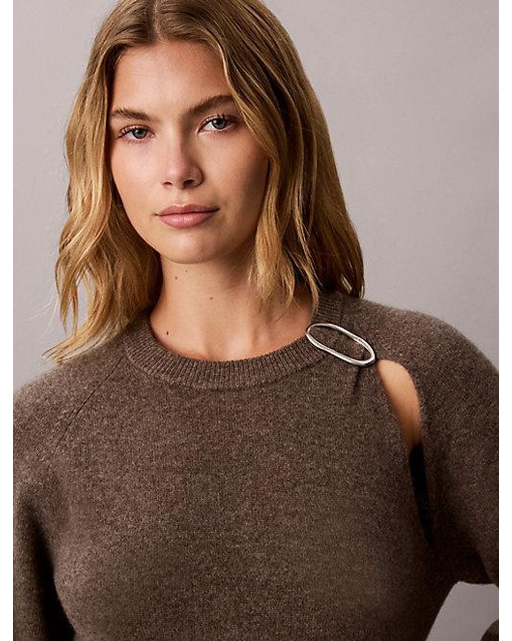 Calvin Klein Brown Wool Cut Out Jumper With Metal Accent