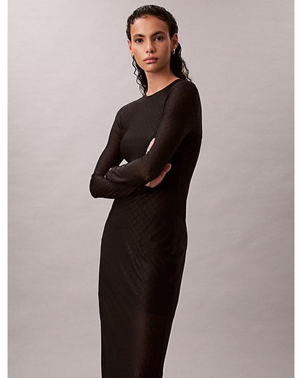 Calvin Klein Black Jeans Allover Emblem Logo Lace Maxi Dress