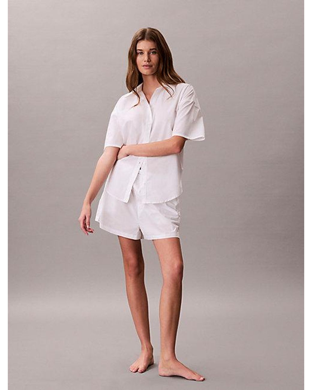 Calvin Klein Poplinkatoenen Button-Down Pyjamatop in het White