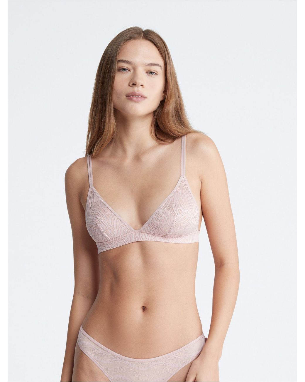 Calvin Klein Sheer Marquisette Lace Unlined Triangle Bralette in Natural