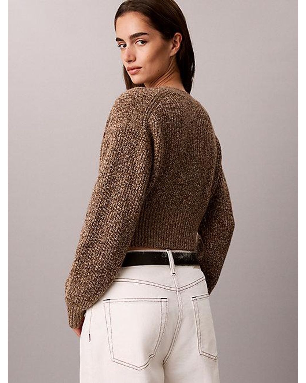 Calvin Klein Brown Jeans Cropped Wool Blend Mouliné Cardigan