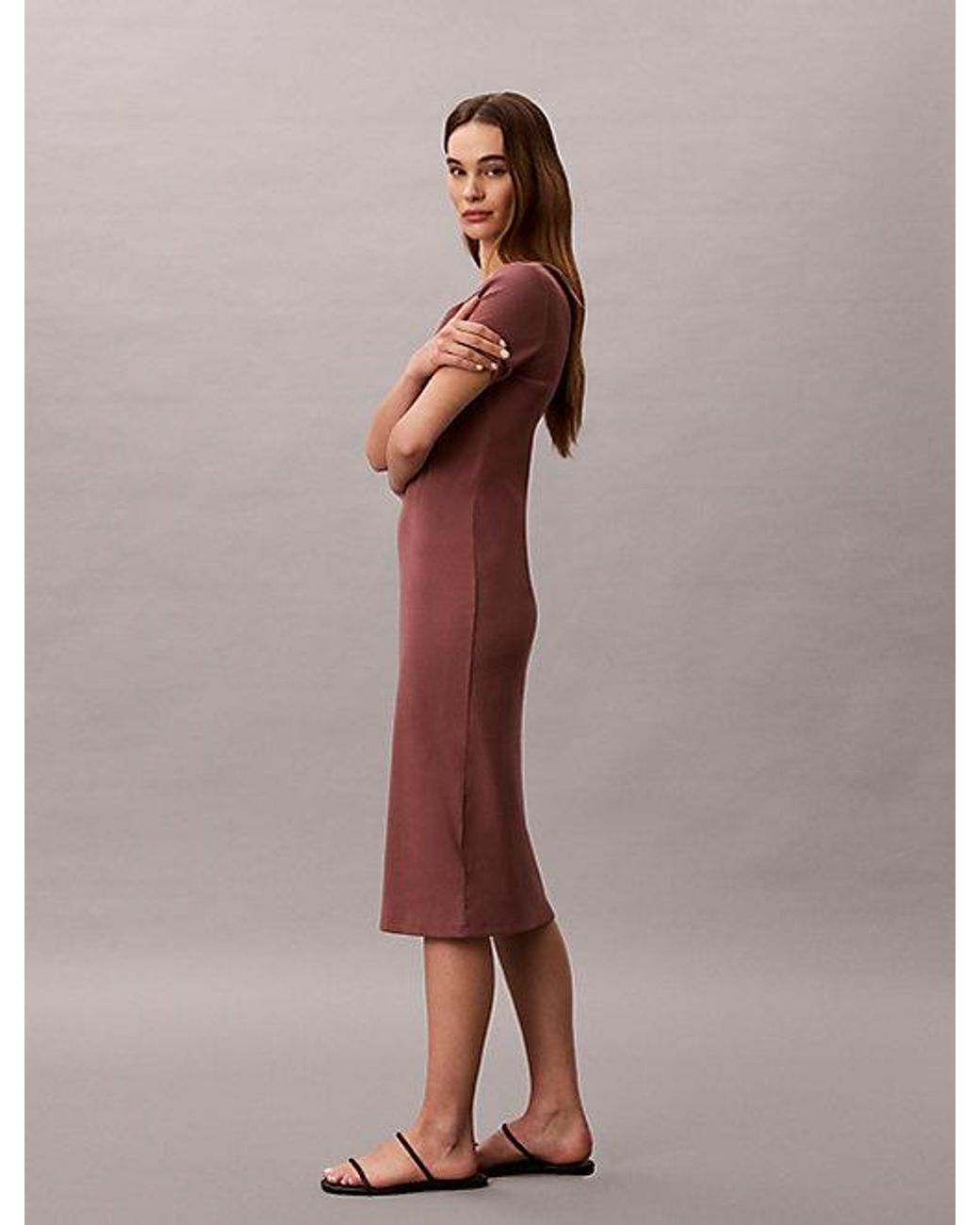 Calvin Klein Red Jeans Ribbed Cotton Logo Midi Dress