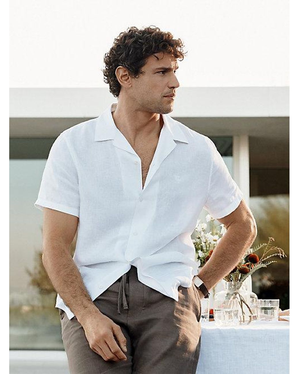 Calvin Klein White Linen Blend Classic Button Down Shirt for men