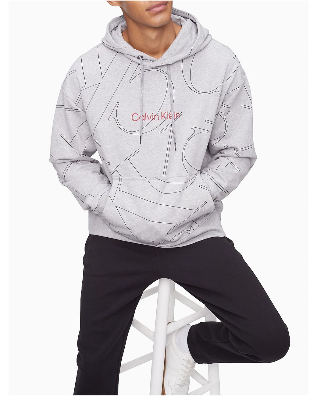 Calvin Klein Relaxed Fit Monogram Logo French Terry Hoodie in Gray for Men  | Lyst