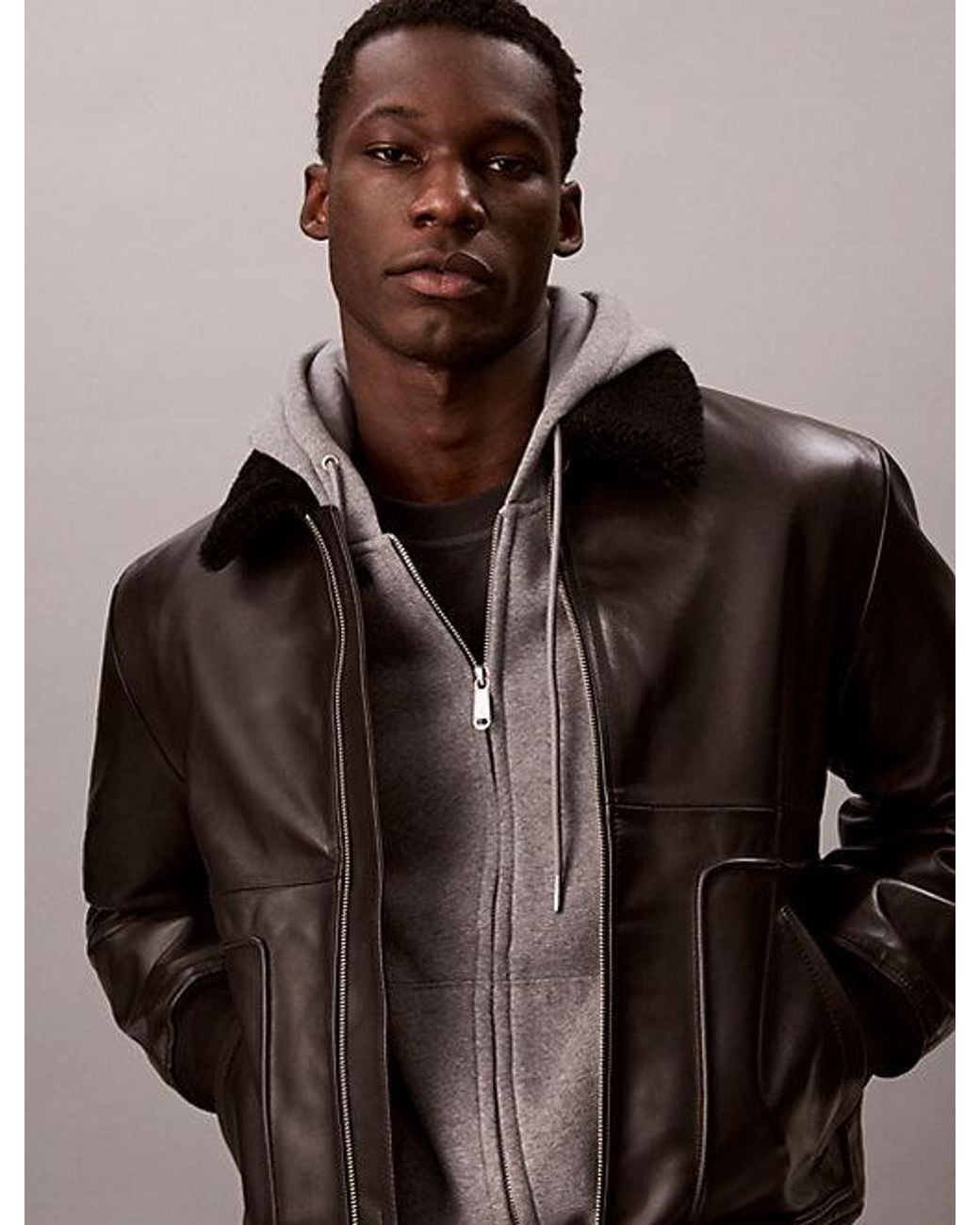 Calvin Klein Brown Leather Bomber Jacket for men