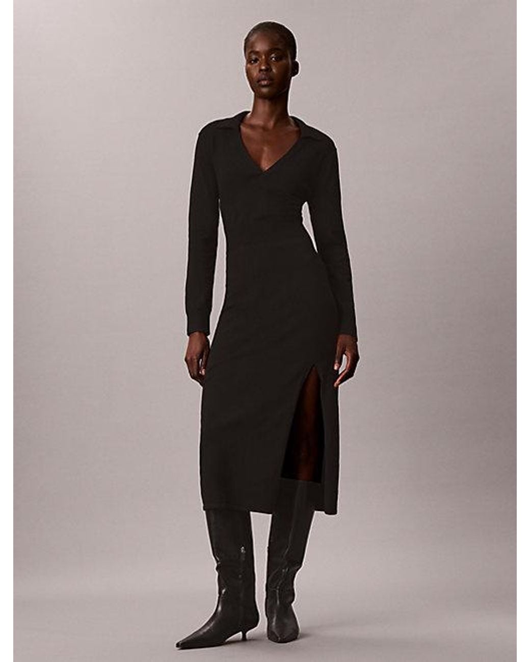 Calvin Klein Black Soft Knit Long Sleeve Midi Dress