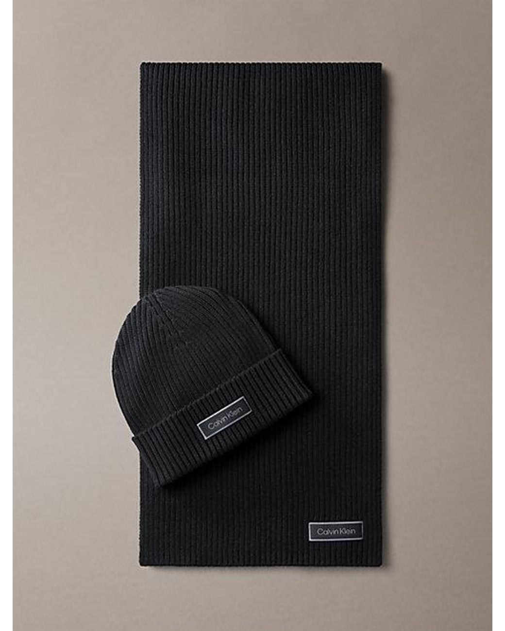 Calvin Klein Black Cotton Scarf And Beanie Gift Set for men