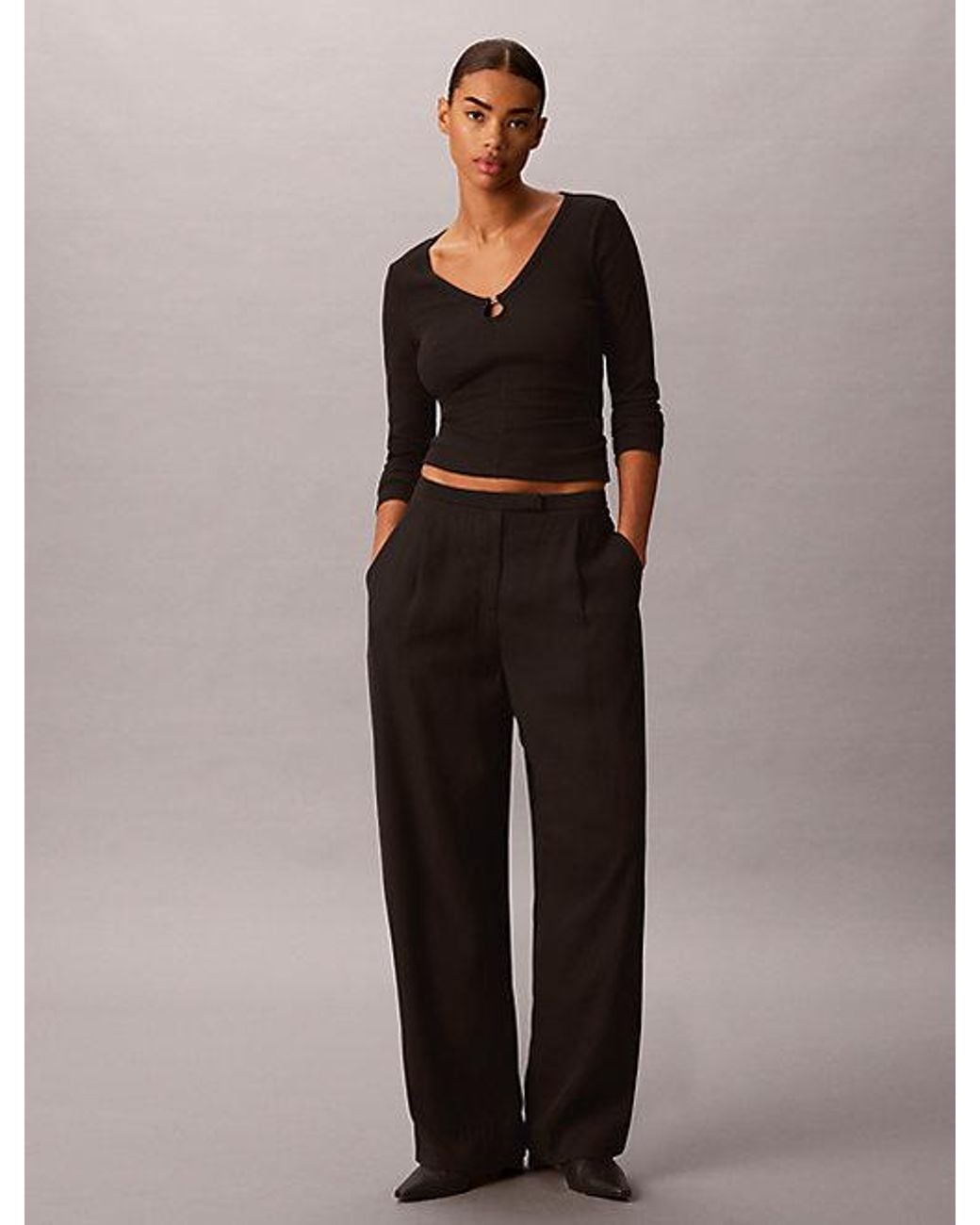 Calvin Klein Black Jeans Ruched Cotton Top With Metal Detail