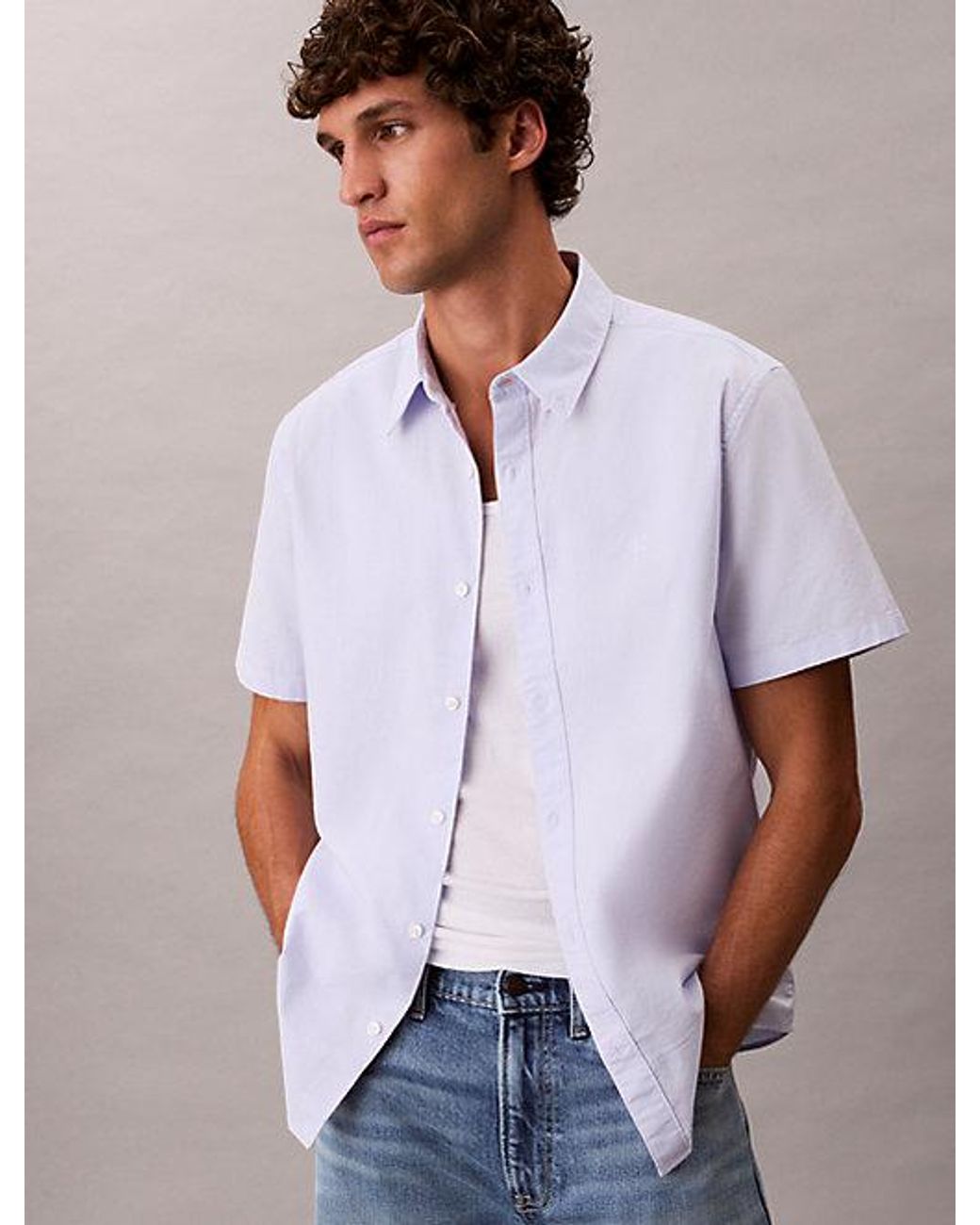Calvin Klein White Jeans Short Sleeve Oxford Cotton Shirt for men