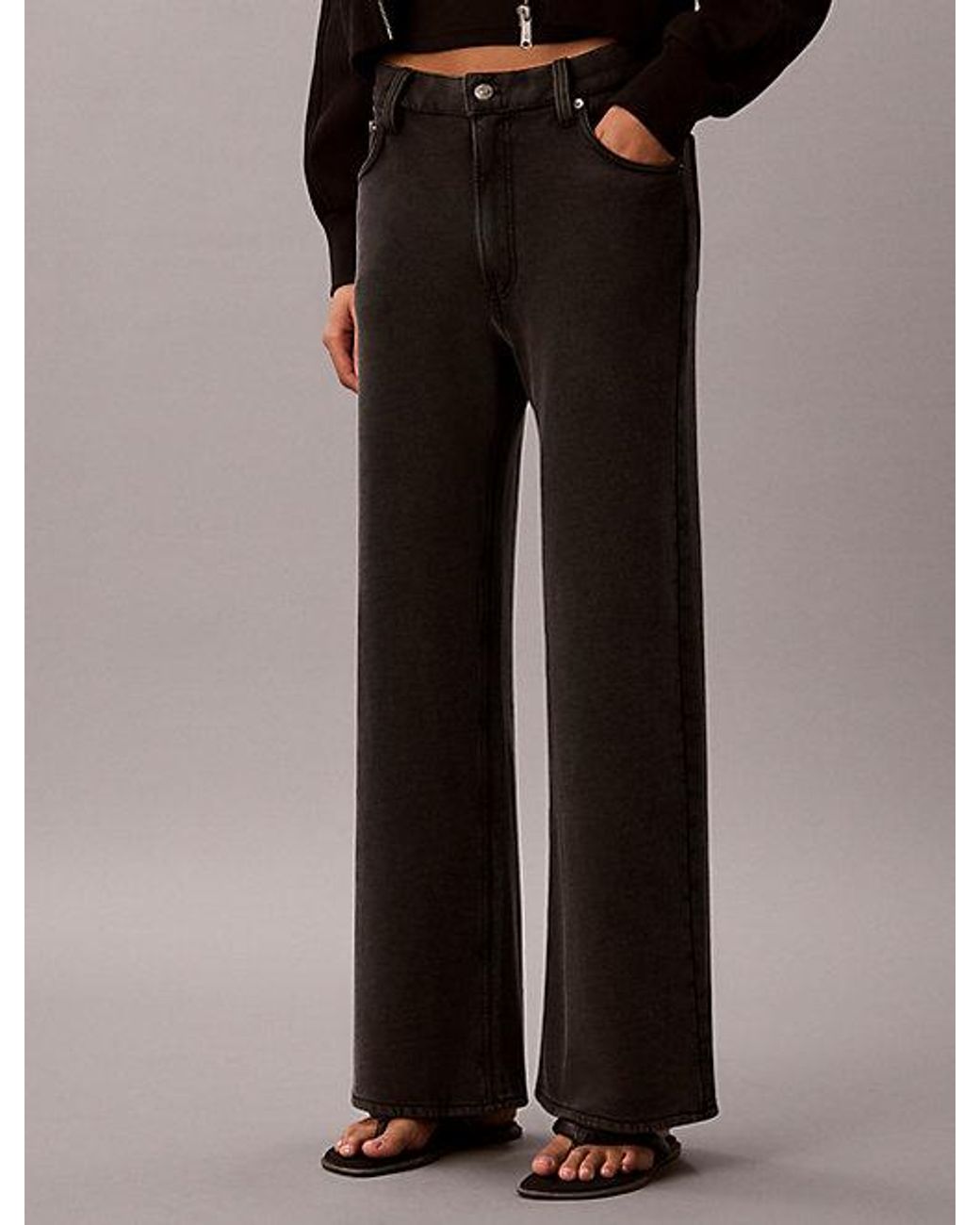 Calvin Klein Black Jeans Cotton Terry Wide Leg Trousers