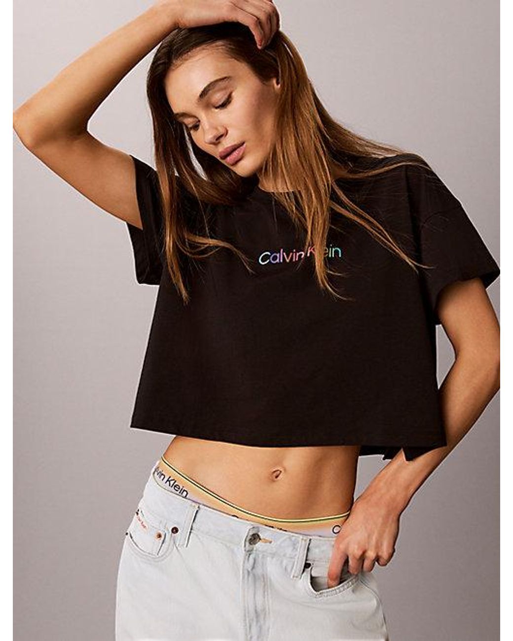 Calvin Klein Black Cropped Lounge T-Shirt Icon Cotton Stretch