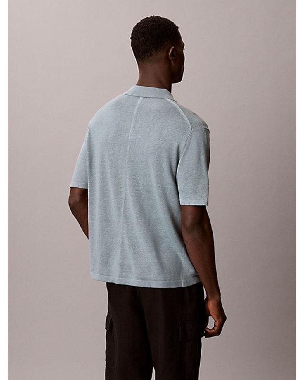 Calvin Klein Gray Linen Blend Open Collar Polo Shirt for men