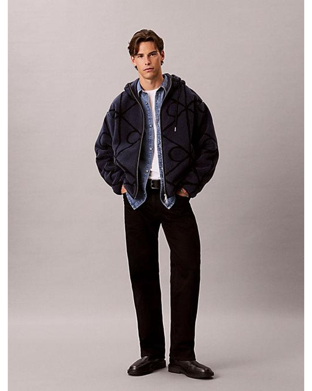 Calvin Klein Blue Jeans Sherpa Fleece Emblem Zip Hoodie for men