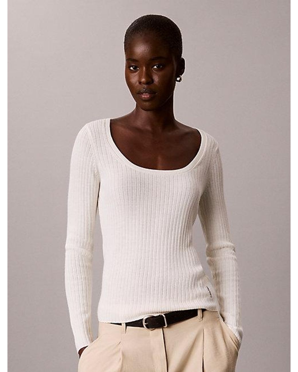 Calvin Klein Natural Slim Merino Wool Ribbed Jumper
