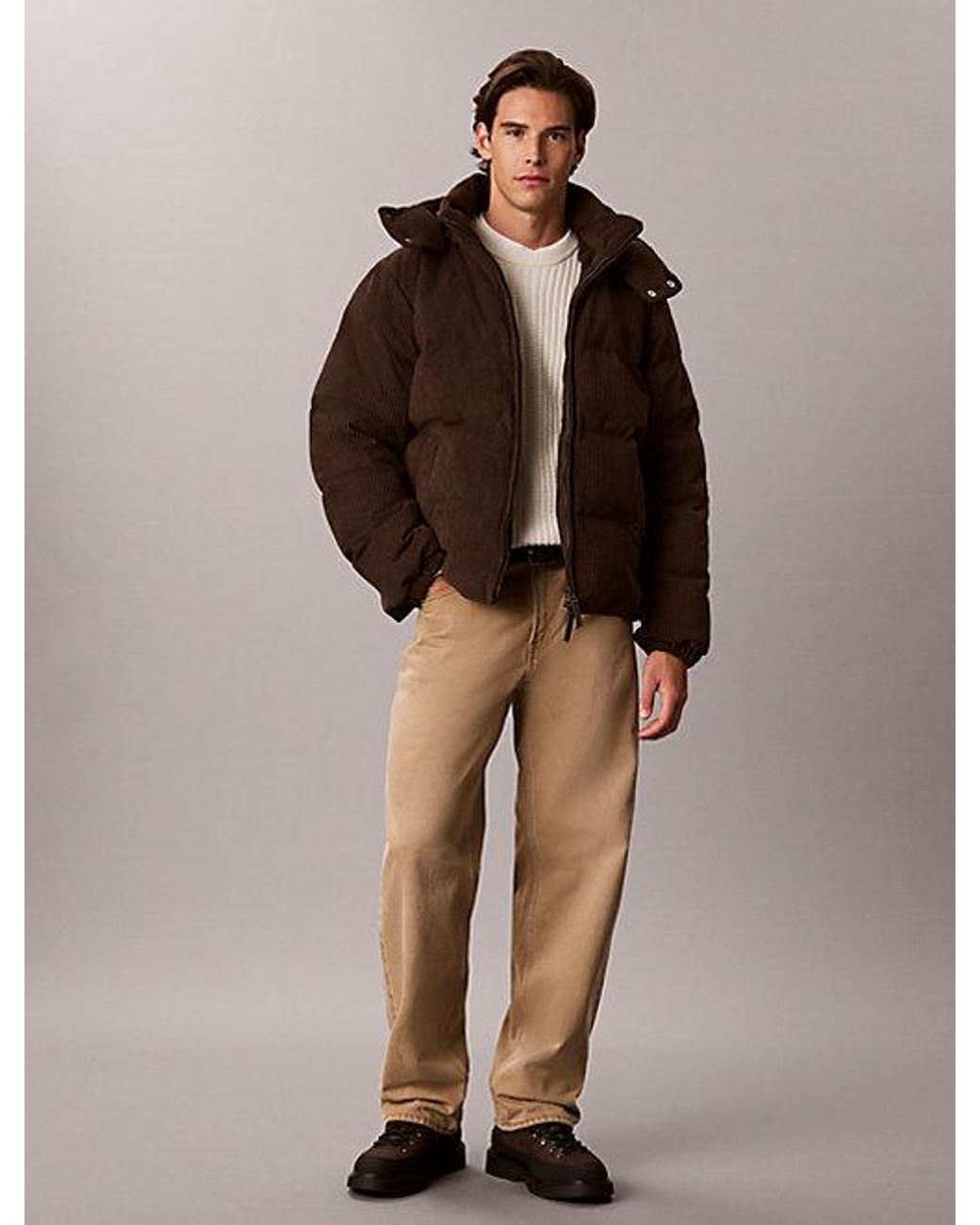 Calvin Klein Brown Jeans Corduroy Hooded Down Puffer Jacket for men