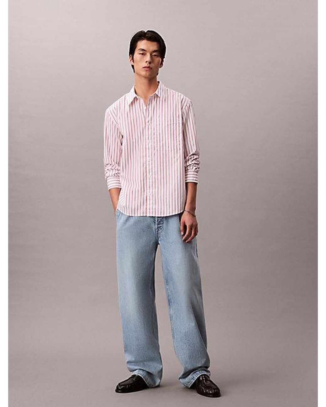 Calvin Klein Pink Cotton Poplin Striped Shirt for men