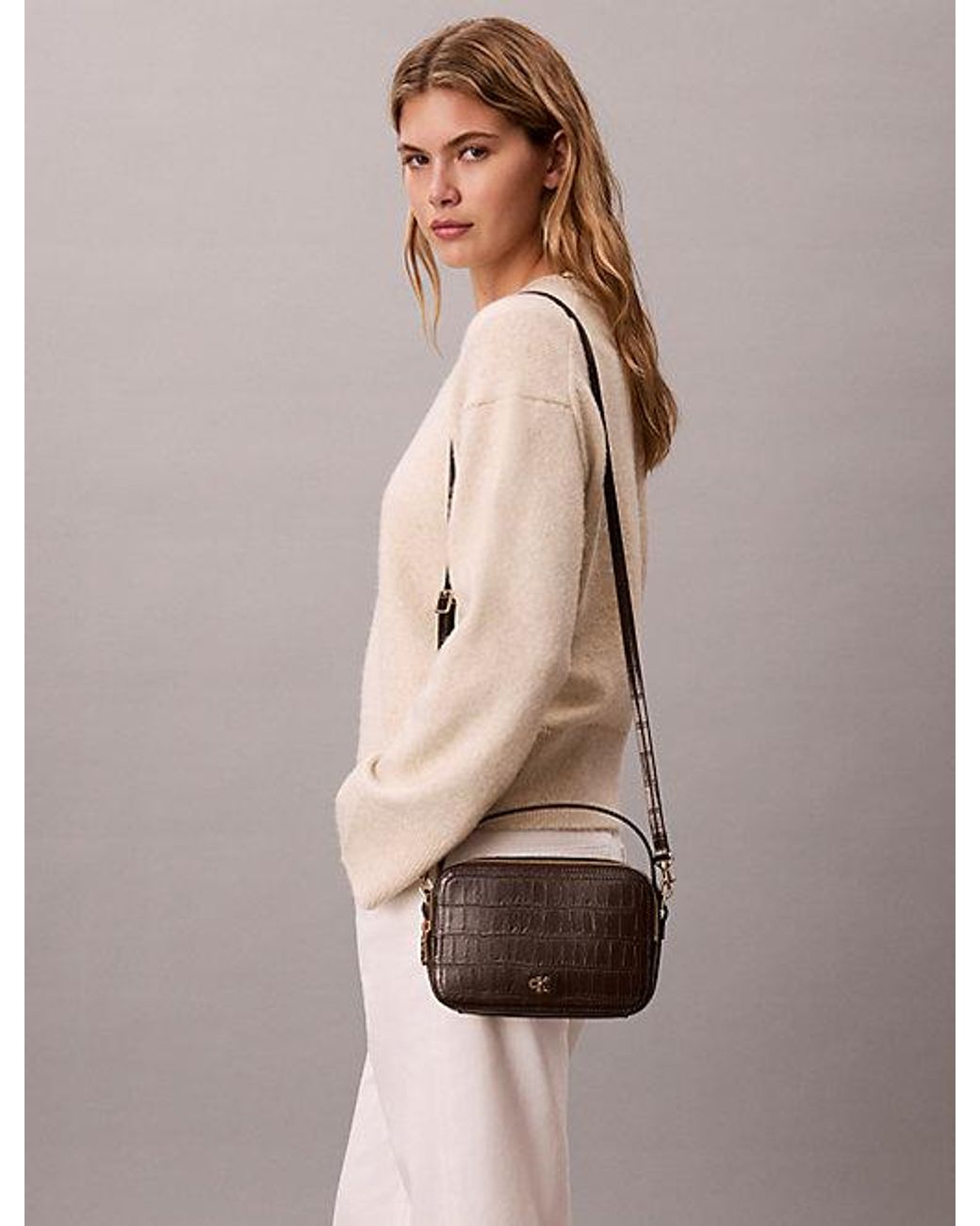 Calvin Klein Brown Monogram Crocodile Camera Bag
