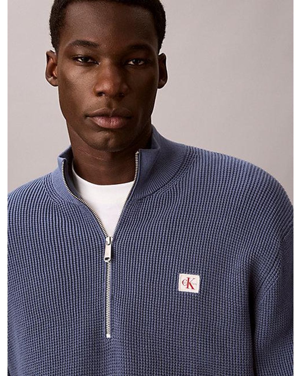 Calvin Klein Blue Jeans Waffle Cotton Half Zip Jumper for men
