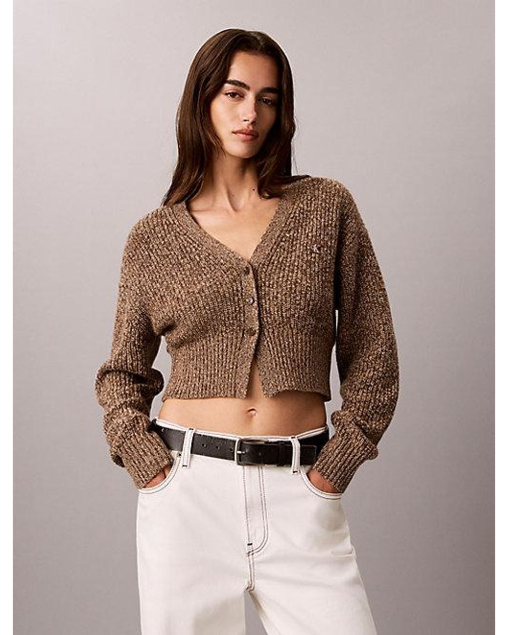 Calvin Klein Brown Jeans Cropped Wool Blend Mouliné Cardigan