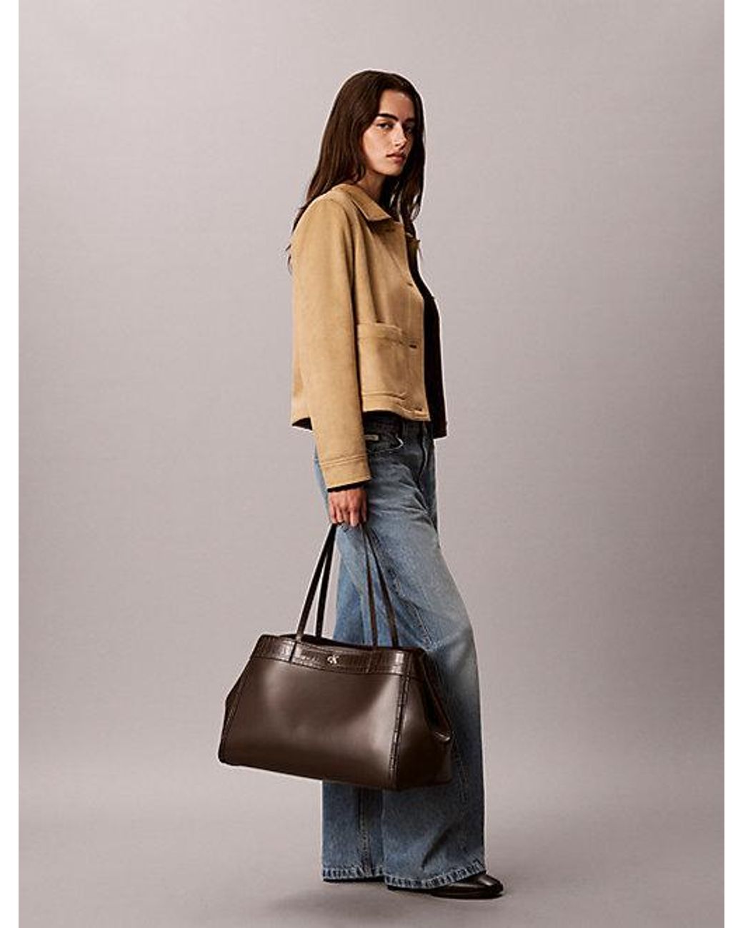 Calvin Klein Gray Monogram Crocodile Large Tote Bag