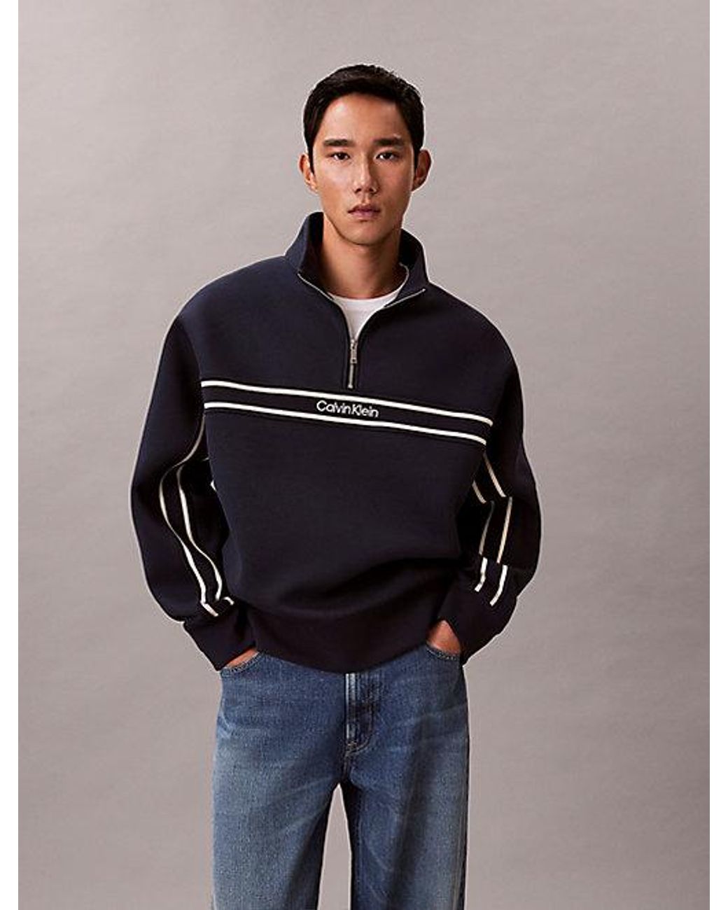 Calvin Klein Blue Jeans Spacer Relaxed Quarter Zip Sweatshirt for men