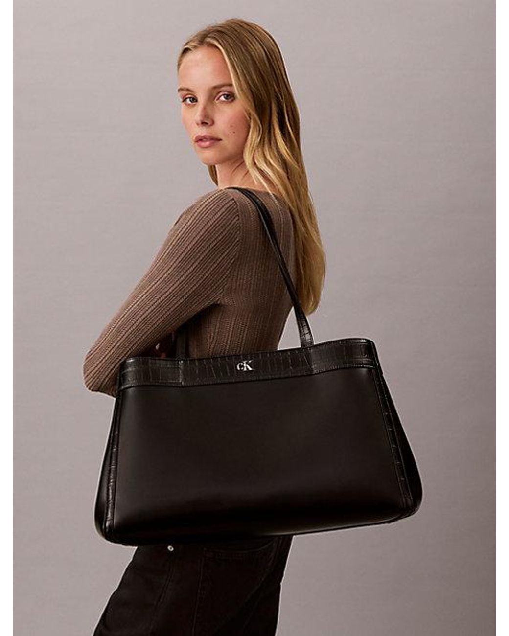 Calvin Klein Black Monogram Crocodile Large Tote Bag