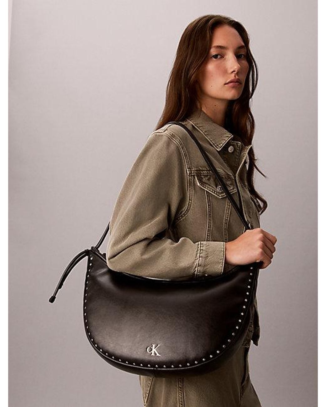 Calvin Klein Black Convertible Studded Crescent Hobo Bag